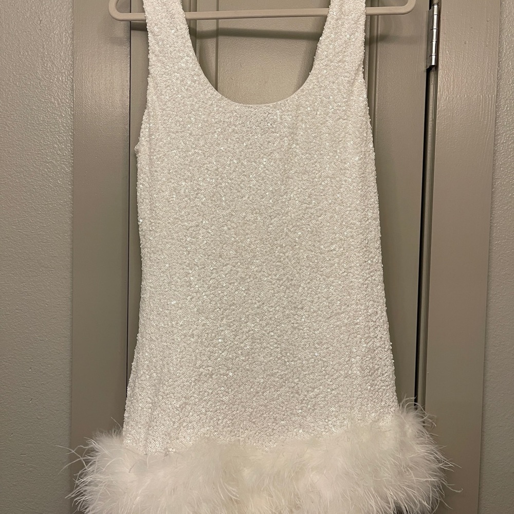 White Sequin Feather Trim Mini Dress - Picture 3 of 4